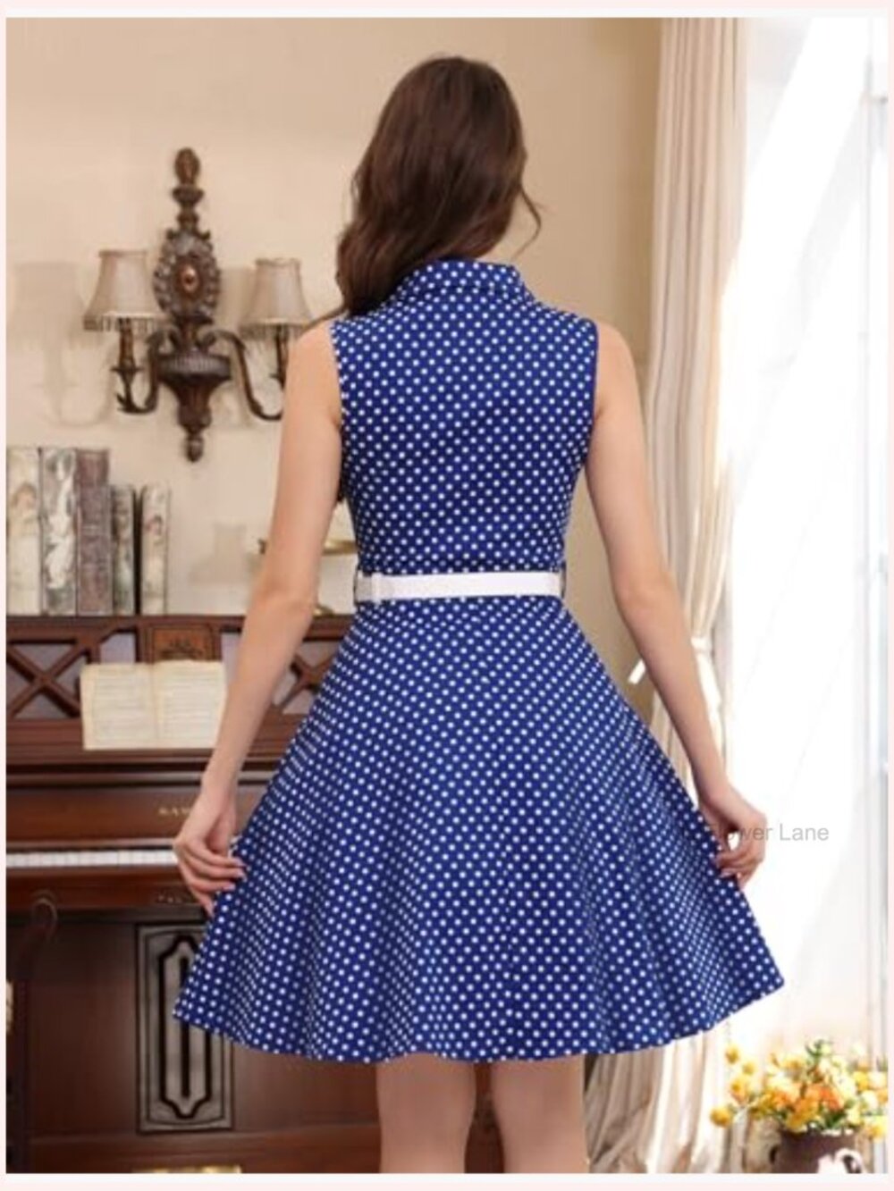 1950s Retro Polka Dot Swing Midi Dress Sleeveless Notched Lapel Belt - Picture 5 of 6